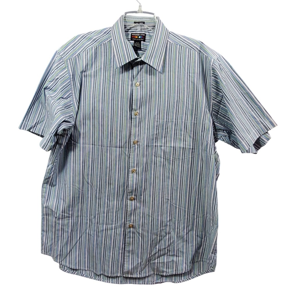 Alexander Julian Colours Mens XL Blue Green Striped Short Sleeve No Iron Shirt